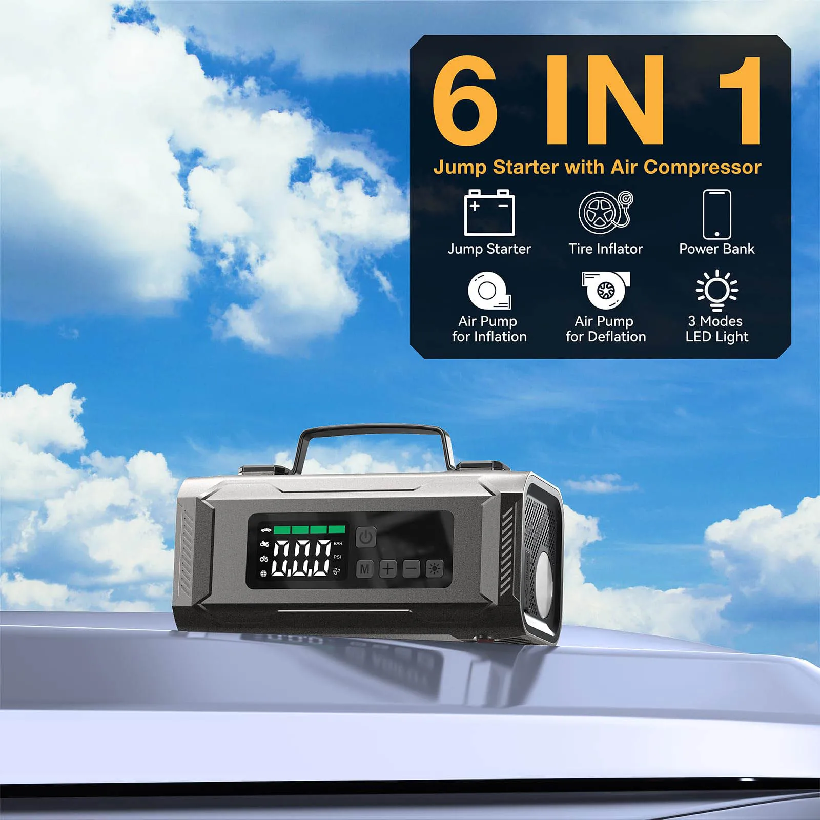 New Arrival 4-in-1 Portable Jump Starter 8000-14800mAh Power Bank Car Inflator Battery Booster 2500AMP Emergency Alarm