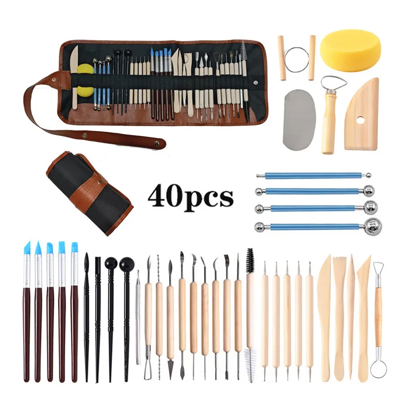 Wholesale 40pcs Clay Sculpting Tool Kit Wooden Handle Pottery Carving Model Building Tool Kits