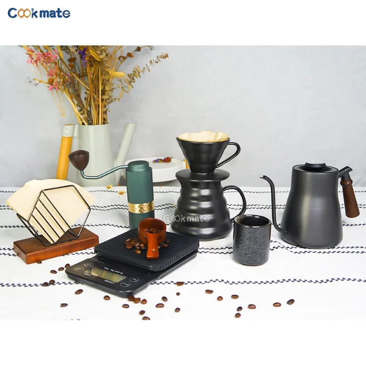 laminated coffee kettle with thermometer 850ML, V60 Paper Coffee Filter, dripper-Arabic Coffee pour set