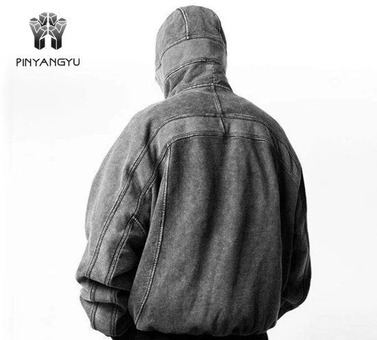 Low Moq Wholesale Drop Shoulder Acid Wash Vintage Hoodie Men Full Face Hood Half Zip Up Retro Ninja Hoodie