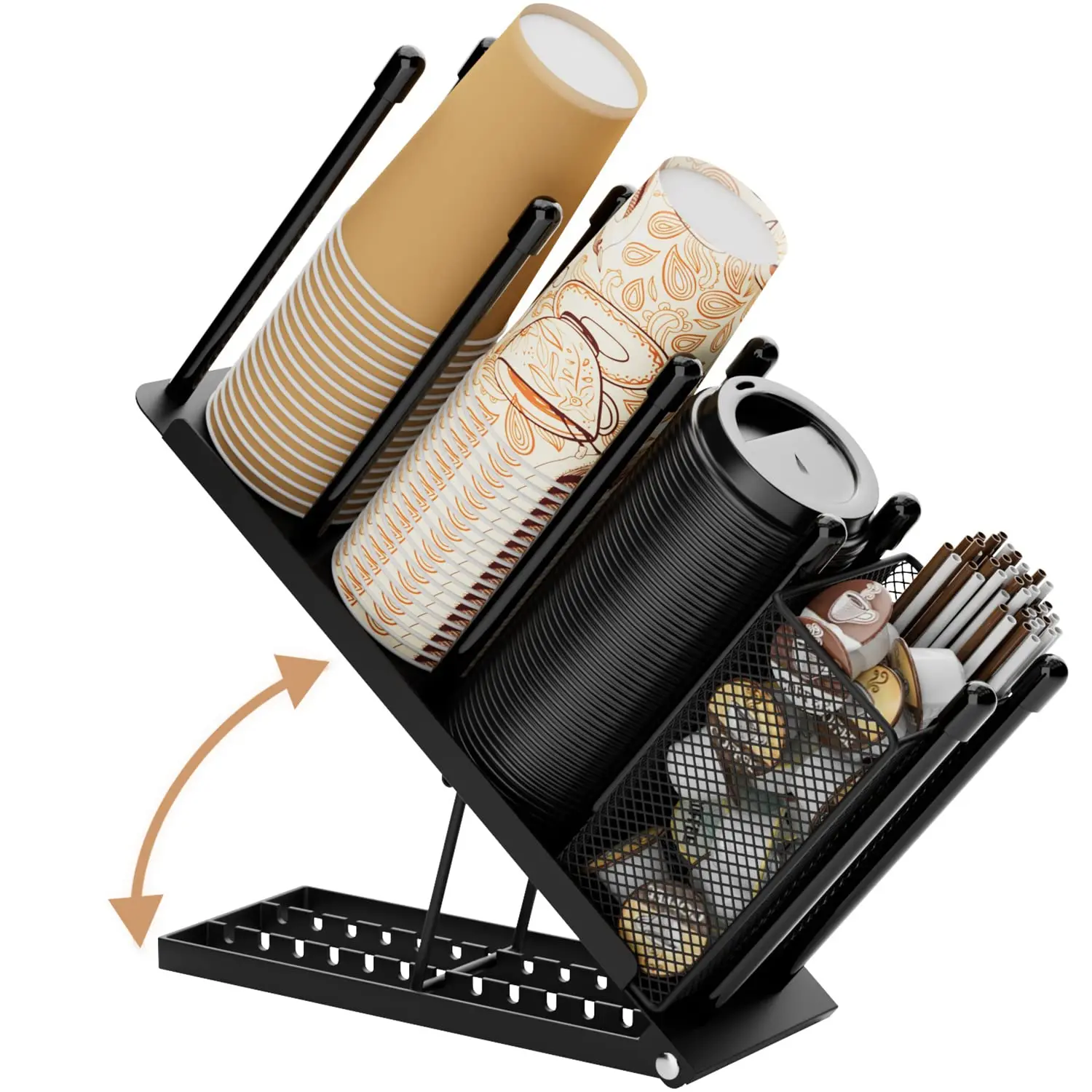Metal Cup And Lid Organizer Holder Coffee Cup Holder For Desktop 4 Compartment Cup Dispenser Straw Holder Storage