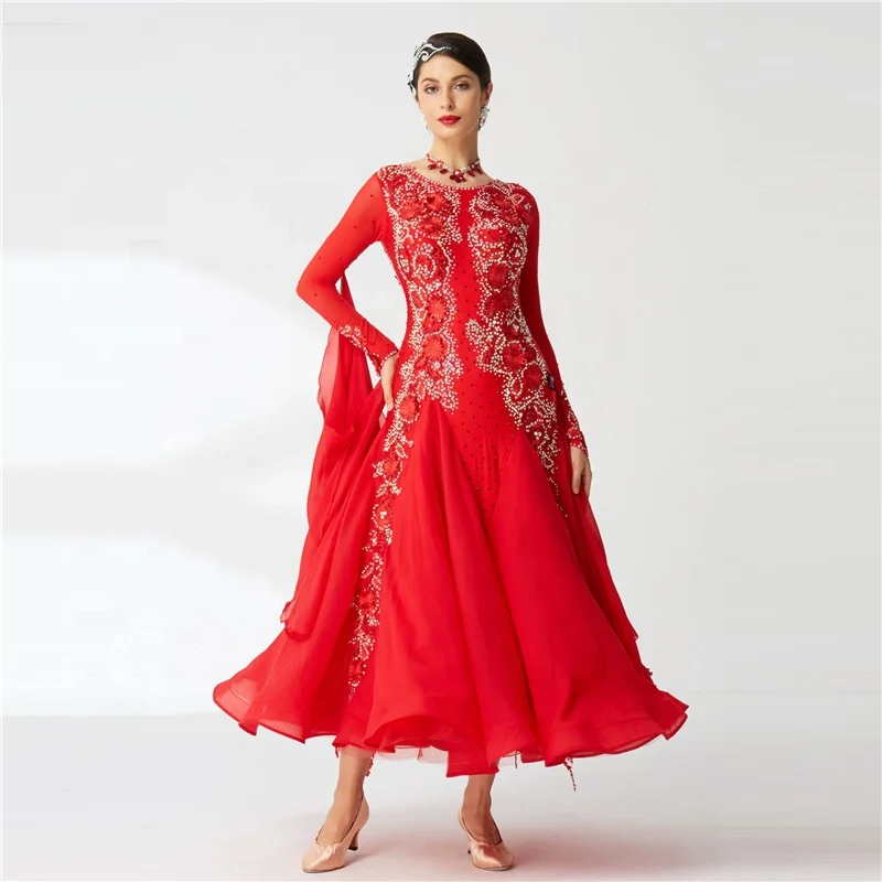 B-2019 Custom smooth dance dresses high quality competition red chiffon ballroom dance dresses from China