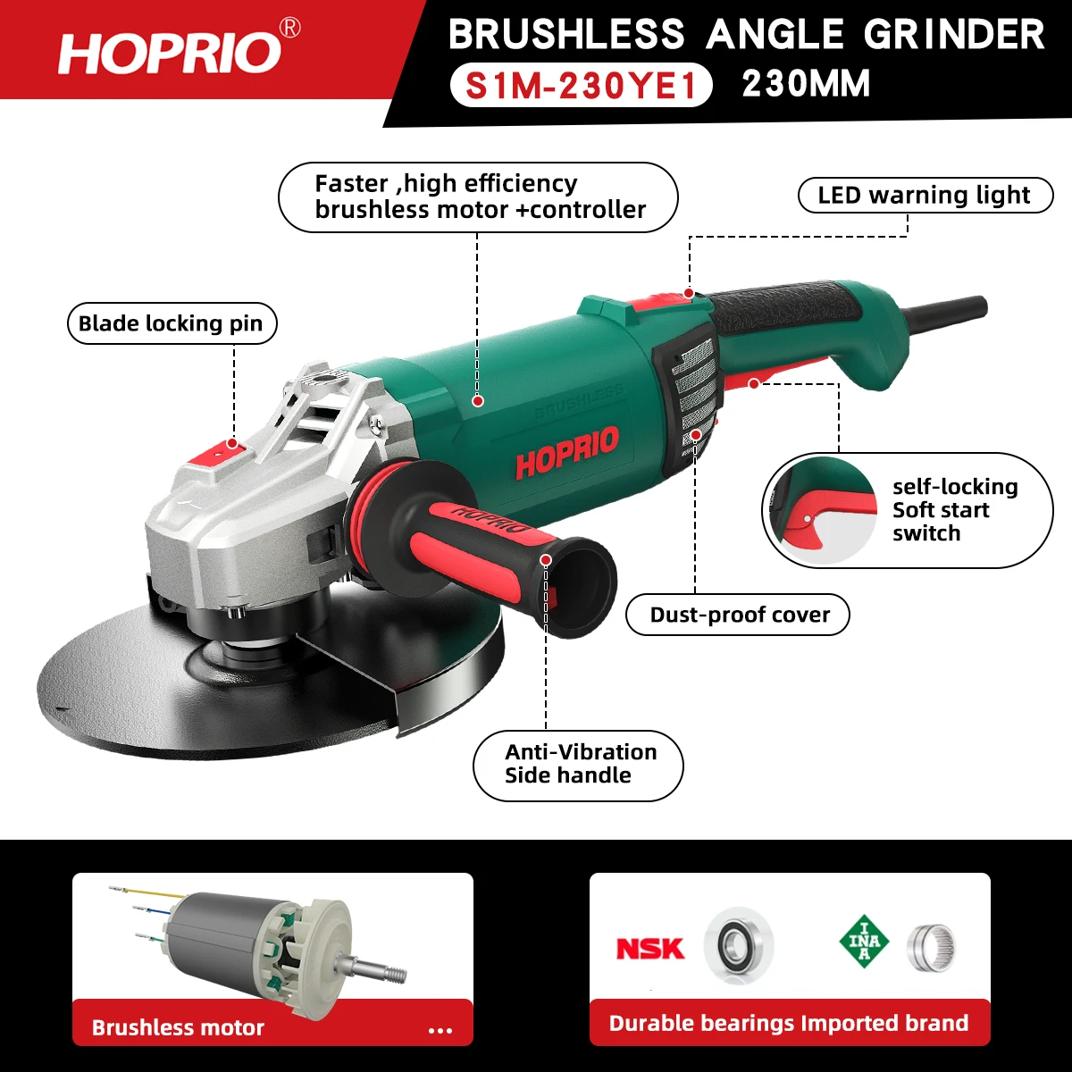 Concrete Cutting CE Quality Corded Electric 230mm Hand Brushless Angle Grinder