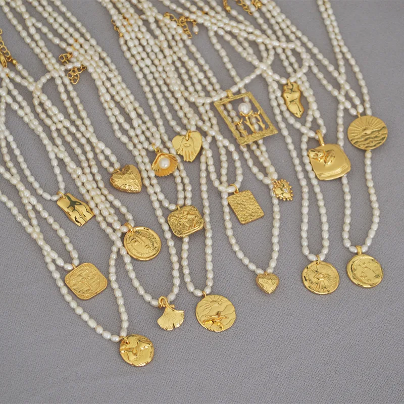 moon and star design round pendant choker real gold plated beaded freshwater pearl necklace jewelry jewellery