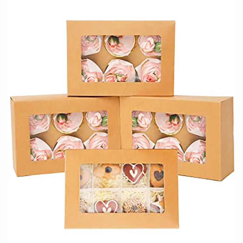 Custom recycle kraft paper cake box for bakery cake cupcake packaging with plastic clear windows