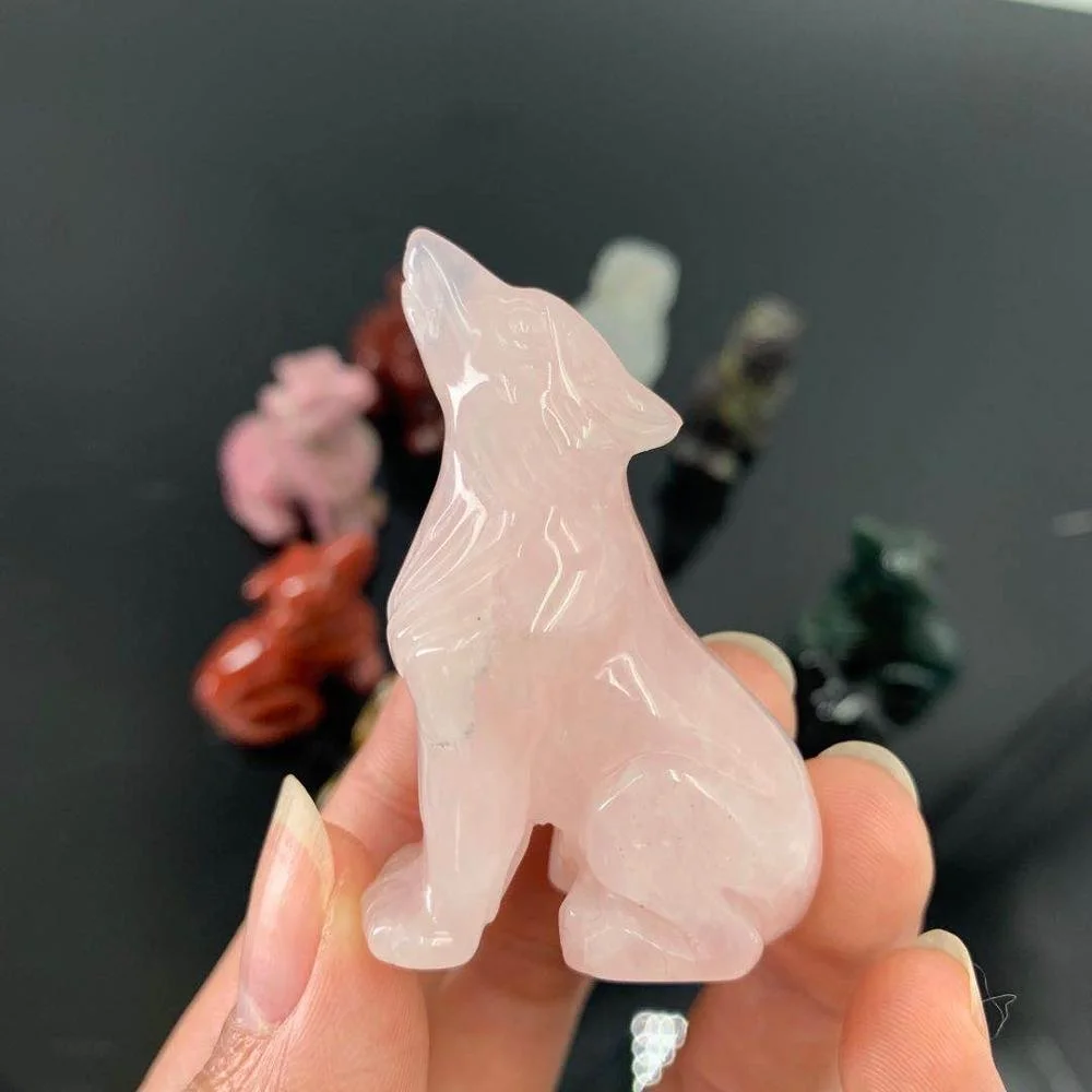 Natural crystal carved crystal animal rose quartz wolf gemstone small animal crystal crafts gift for decoration