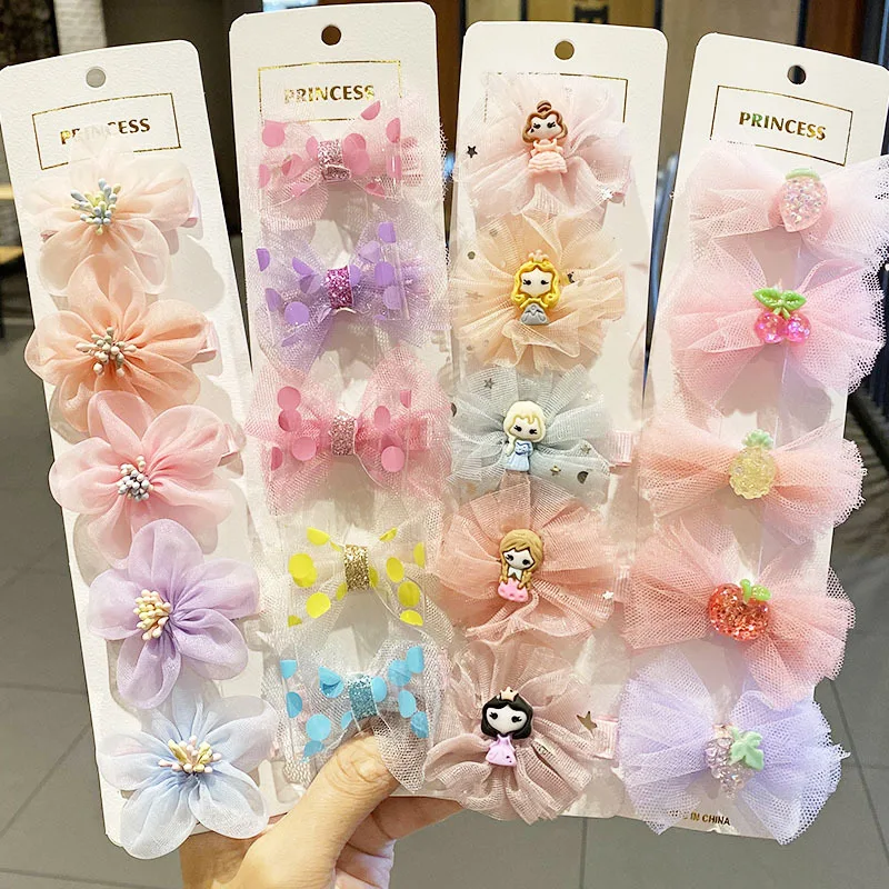 Mengxin Wholesale Cartoon Princess Rainbow Hair Accessories Lace Baby Kids Hairpins Sets Hair Bows Clips