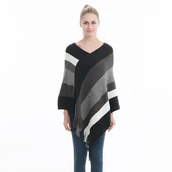 Autumn Fashionable Knitted Stripe Print Loose Pullover Irregular Tassels Cloak Tops T Shirts For Women