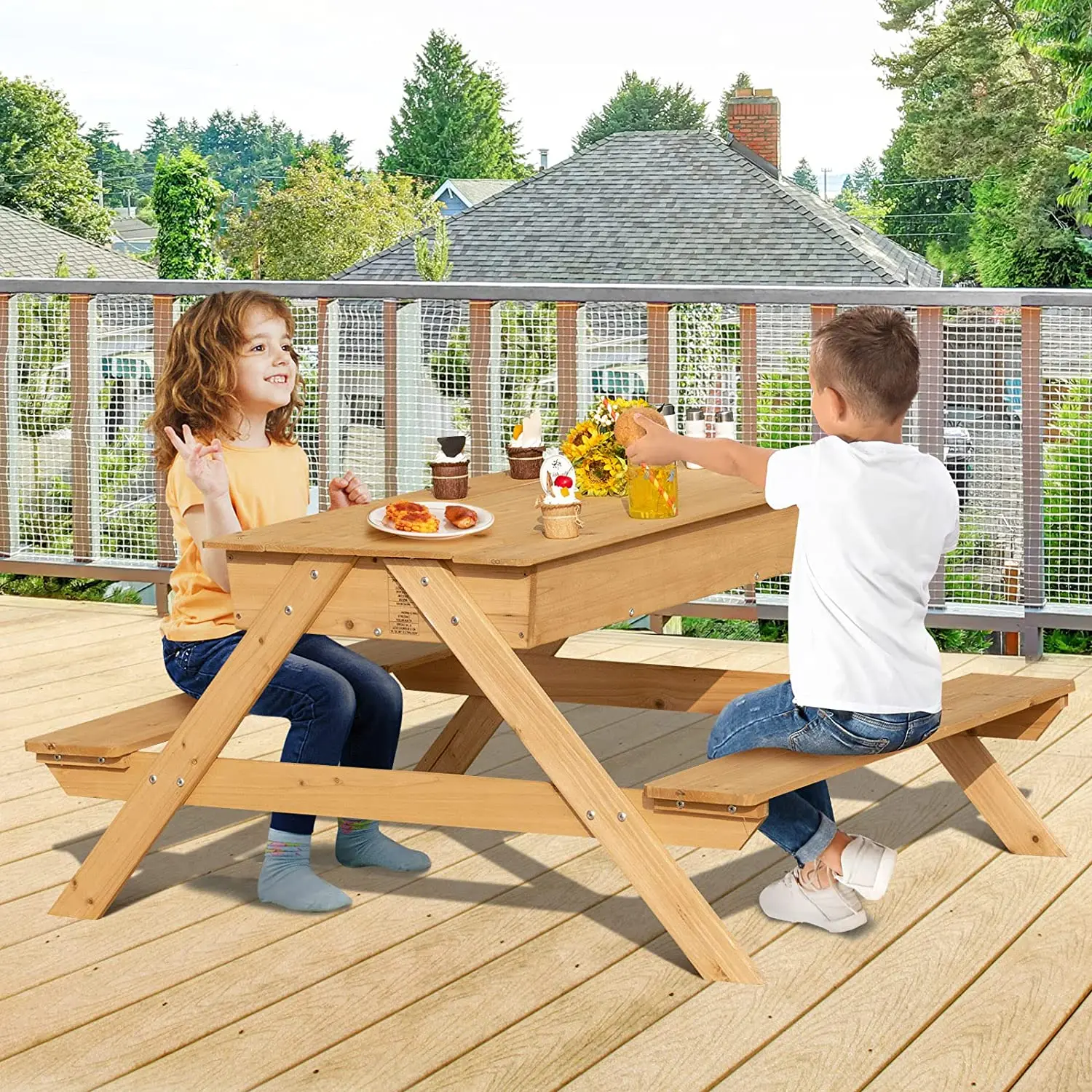 Kids Picnic Table  Outdoor Patio Dining Table  Wood  Activity Play Table  with Sand and Water Storage Box