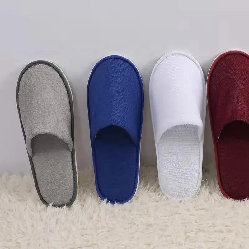 Oem Custom Logo Wholesale Cheap Disposable White Guest Bedroom Slippers For Spa Cotton Terry Velour Eva Sole Hotel Slippers