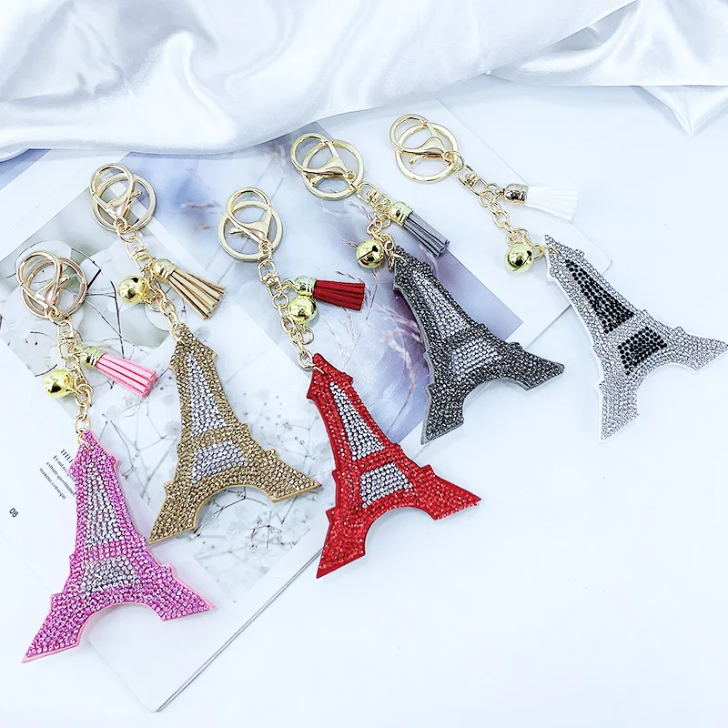 Creative Korean Velvet Rhinestone Paris Paris Eiffel Tower Keychain Pendant Bag Tassel Car Charm