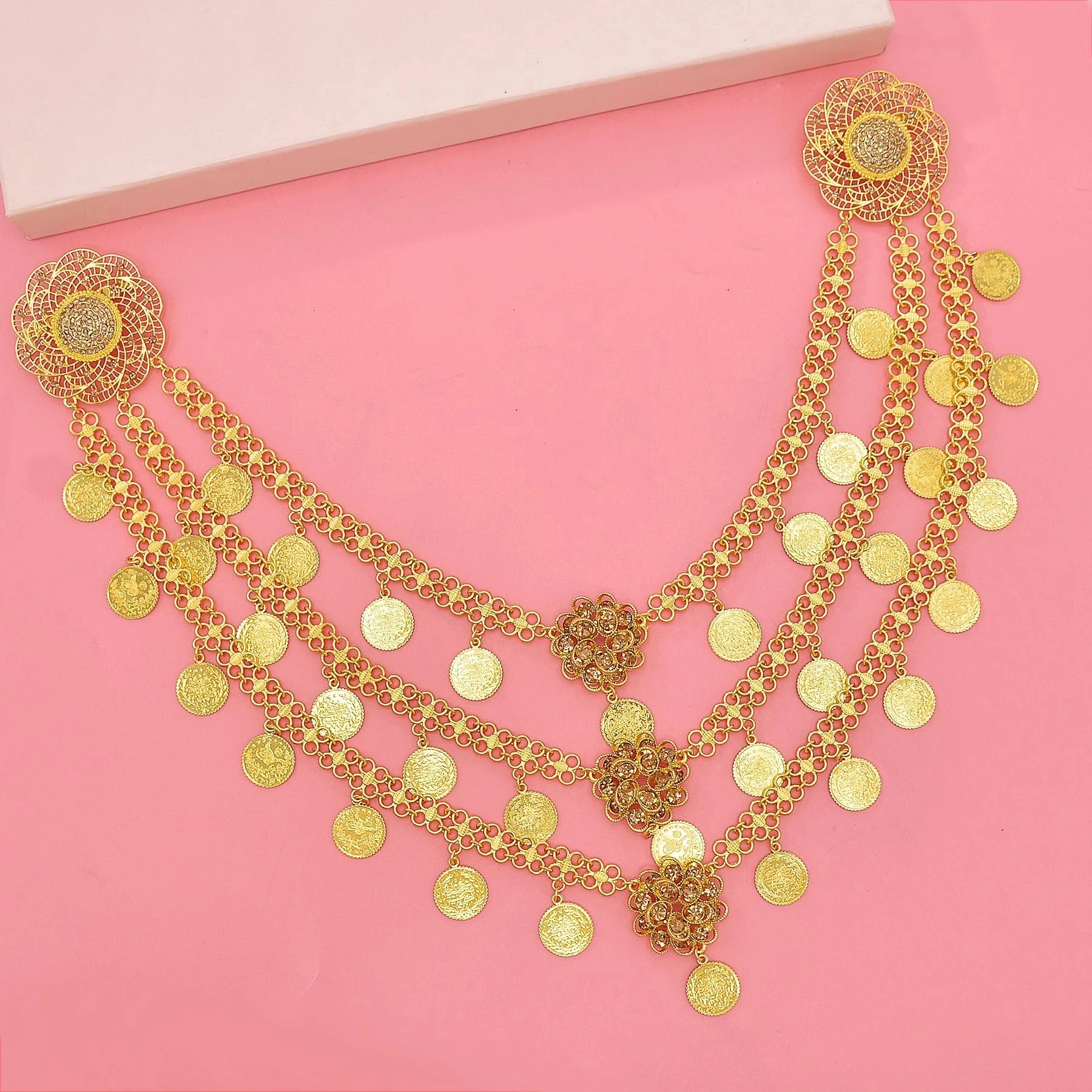 3-Layer Gold Coin Tassel Crystal Flower Waist Chain Necklace Accessories Brooches