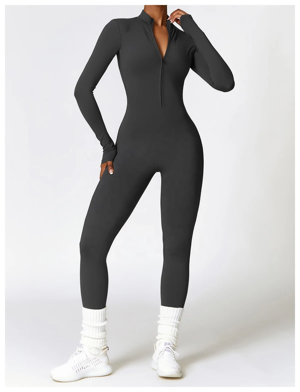 LOLOLULU Fleece Zip Up Skinny Butt Jumpsuits Women Sports Tummy Control Rompers Polyester Onesies