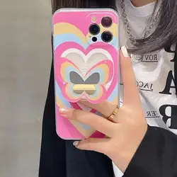 Pink Love Heart Holder Stand soft clear phone case for iPhone 13 11 12 Pro Max XR X XS Max 7 8 Plus Mirror Cute Butterfly Cover