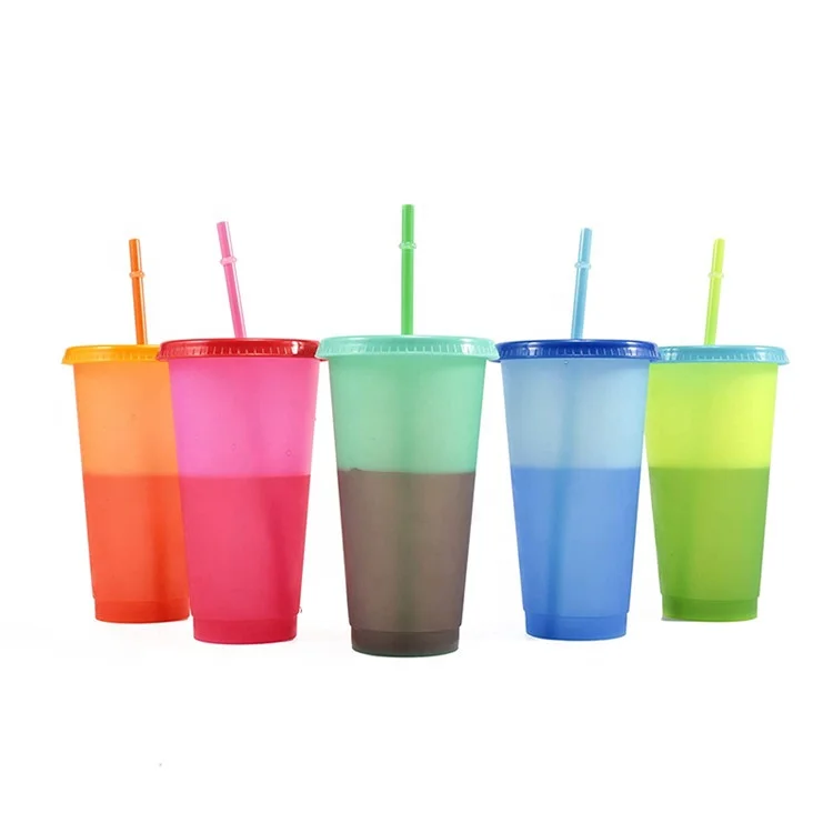 2023 Disposable Cold Cups Summer Coffee Tumblers 24oz Cold Cups Color Changing Cold Drink Cups with Straw
