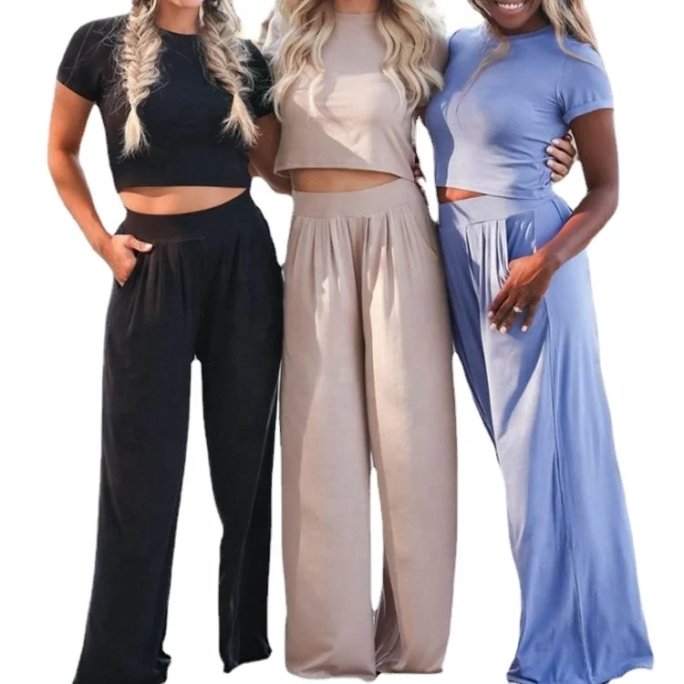 2023 New Loungewear Ladies Linen Blend Lady Crop Top Wide Leg Pants Set Short Sleeve Pajamas For Women Set Cotton