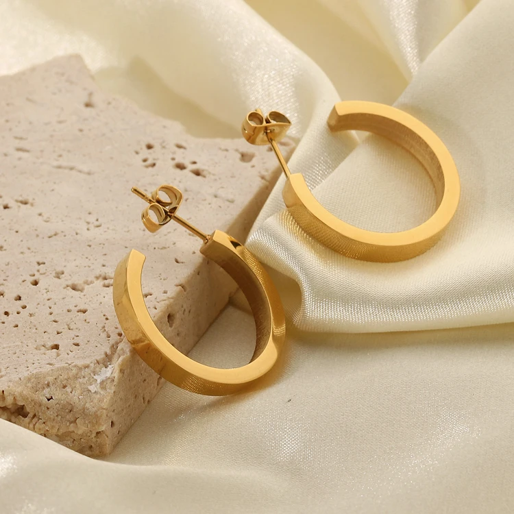18k gold stainless steel Fashion chunky magazine opening hoops square tube plain 14k C shape earrings for woman