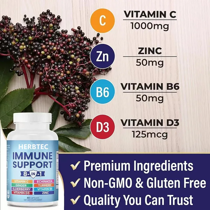 8 in 1 Immune Support Booster Supplement capsules Echinacea Vitamin C Zinc Vitamin D Turmeric Curcumin & Ginger B6, Elderberry