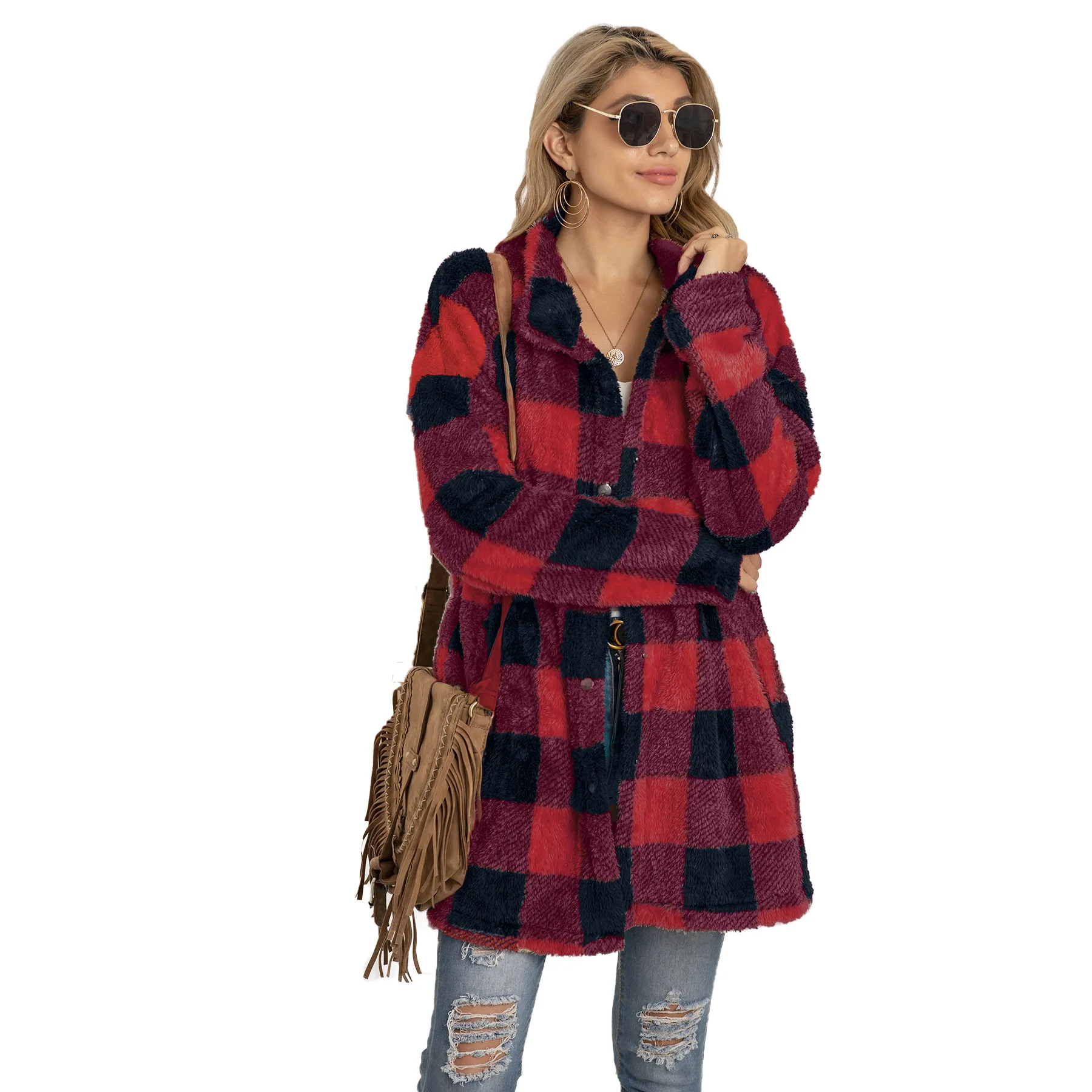 
2021 new Color blocking plaid fluffy long sleeve cardigan jacket coat for women 