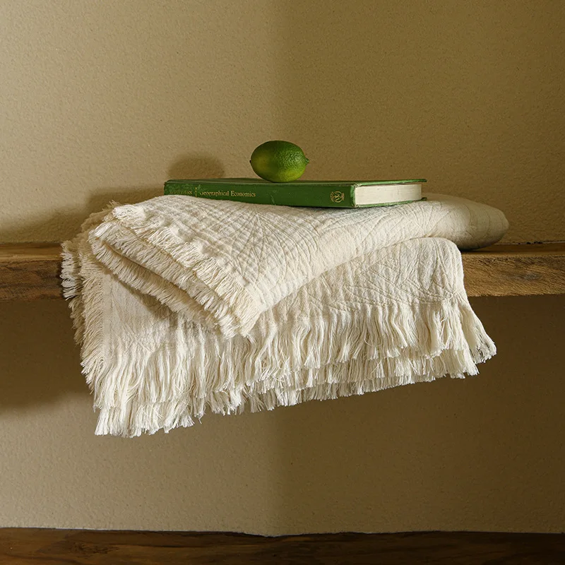 In Stock Light Luxury Pure Cotton Skin-Friendly Jacquard Tassel Blanket Sofa Home Cover Blanket Office Nap Blanket