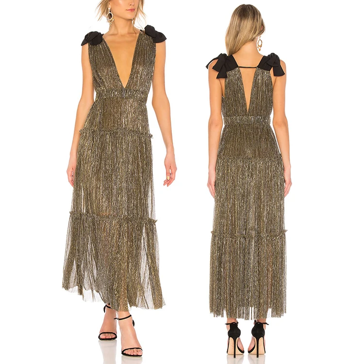 Manufacture Wholesale Custom Best Price Bow Tie Shoulder lurex fabric Threading Dresses Women Ladies