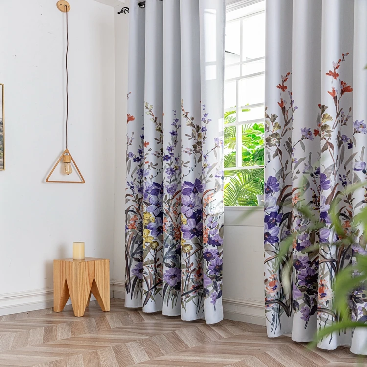Factory Manufacture 3d Digital Printing Purple Orchid Floral Blackout Ring Curtains High Shading Window Curtains For Bedroom