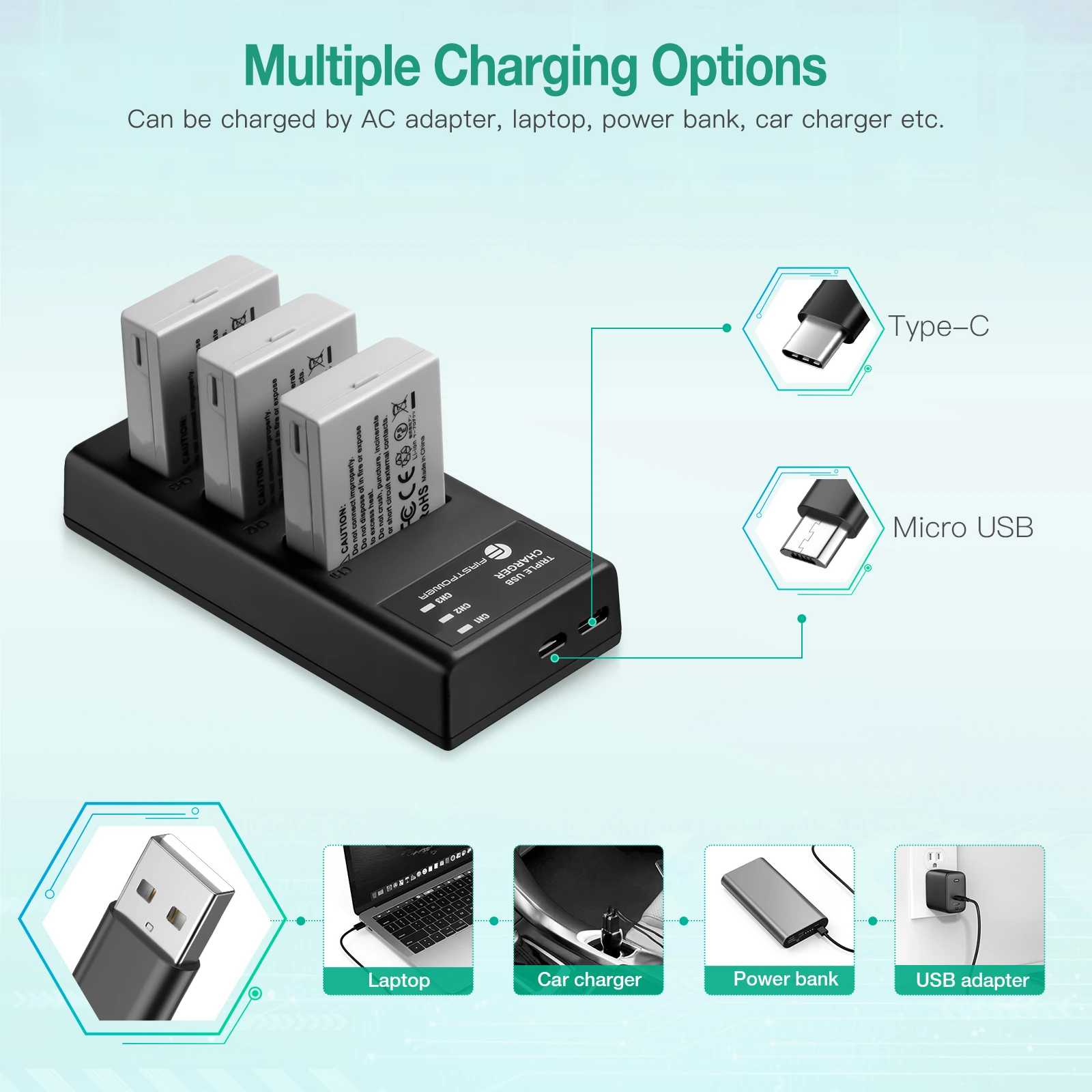 Best Selling 3 slots Rechargeable 5v 2.4a Portable Usb Charger 1900mAh 7.4v Camera Batteries Pack Charger