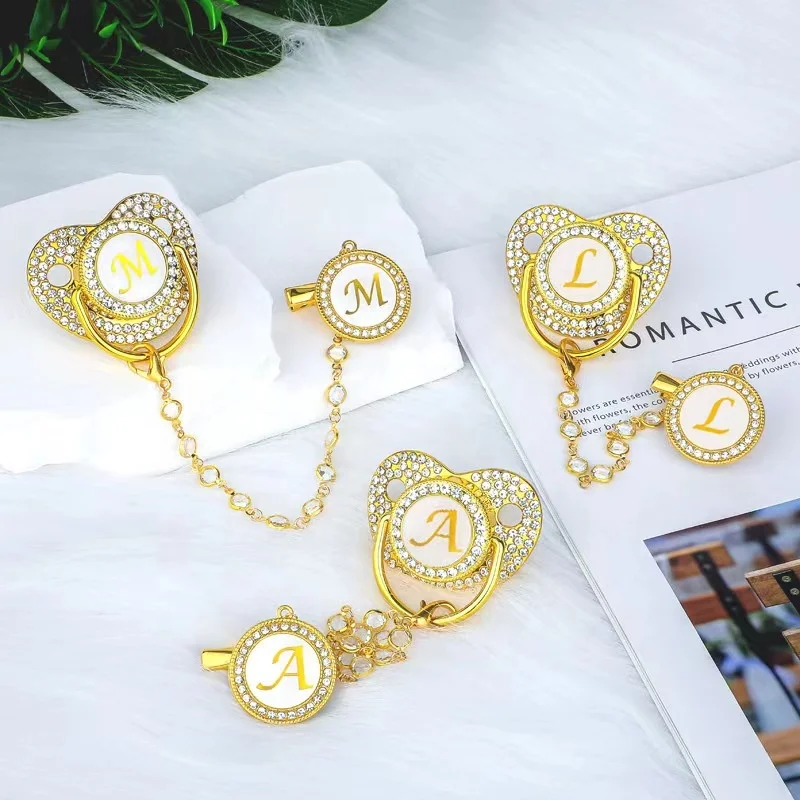 Food grade silicone diamond letter baby pacifier dot drill baby comfort with glass  pacifier chain