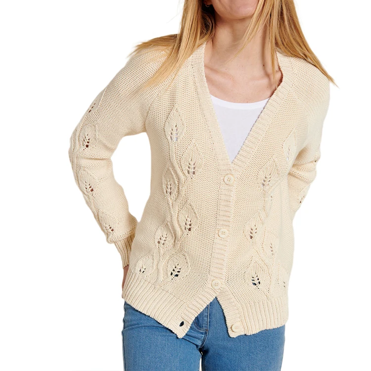 HD67005 OEM Ladies classic pure cotton leaf pattern knit cardigan with openwork comfortable fit sweater jacket for modern look