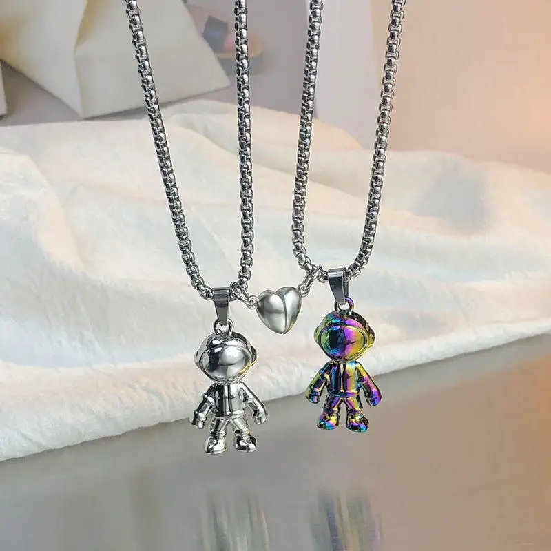 NEW Unique Titanium Stainless Steel Astronaut Robot Magnetic Pendant Necklace For Couple Men Women Spaceman Necklace