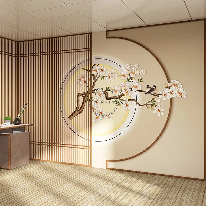 Chinese classical screen health yoga studio wallpaper Guzheng classroom tea room beauty salon ancient style mural