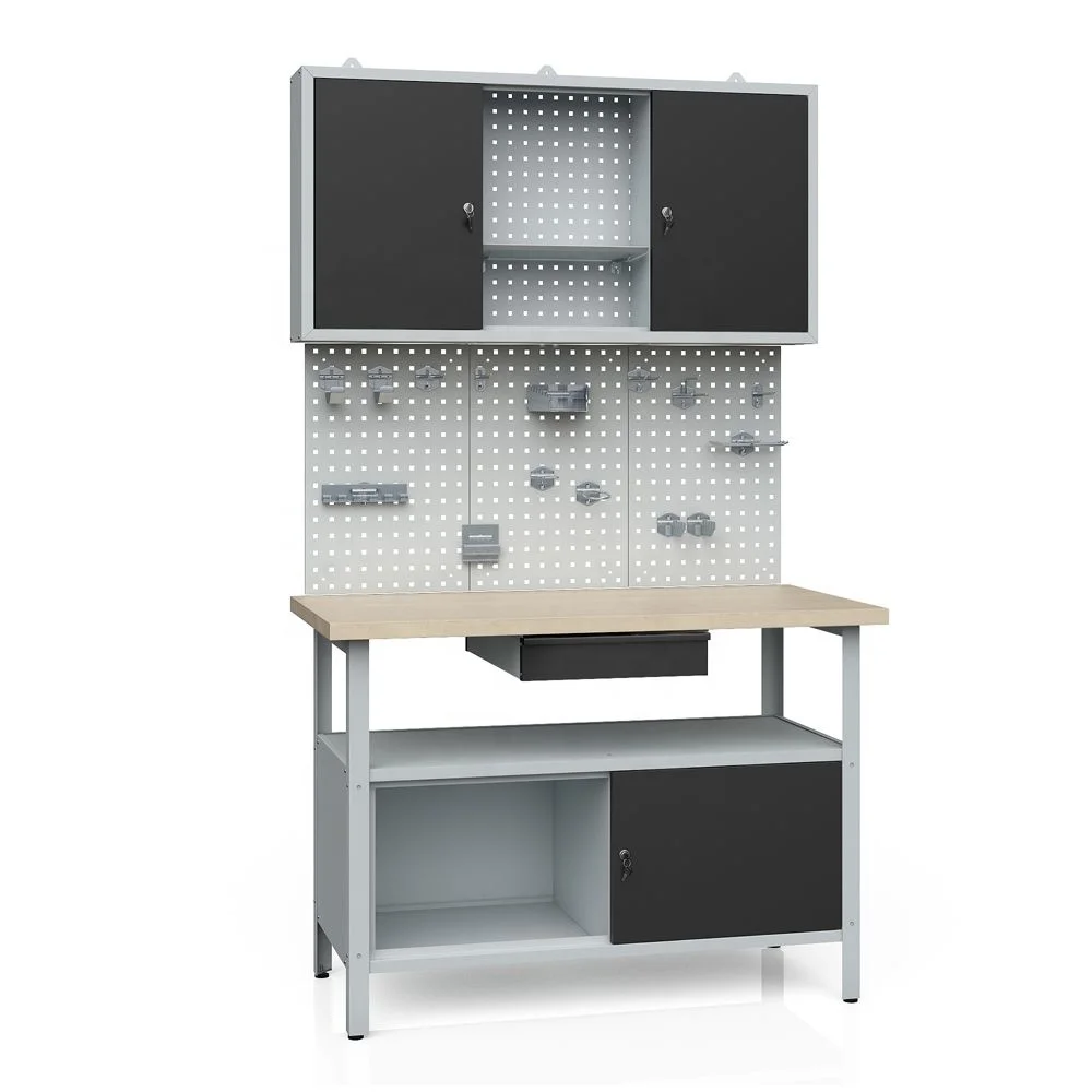 Functional  metal workbench set with storage tool cabinets in workshop and garage