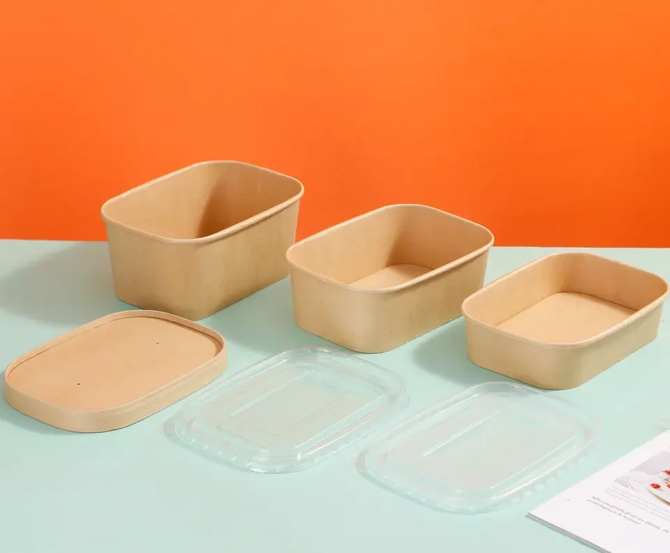 Eco Friendly Disposable Rectangular Square Kraft Paper Salad Bowl Take Away Food Container Microwavable Rectangular Paper Bowl