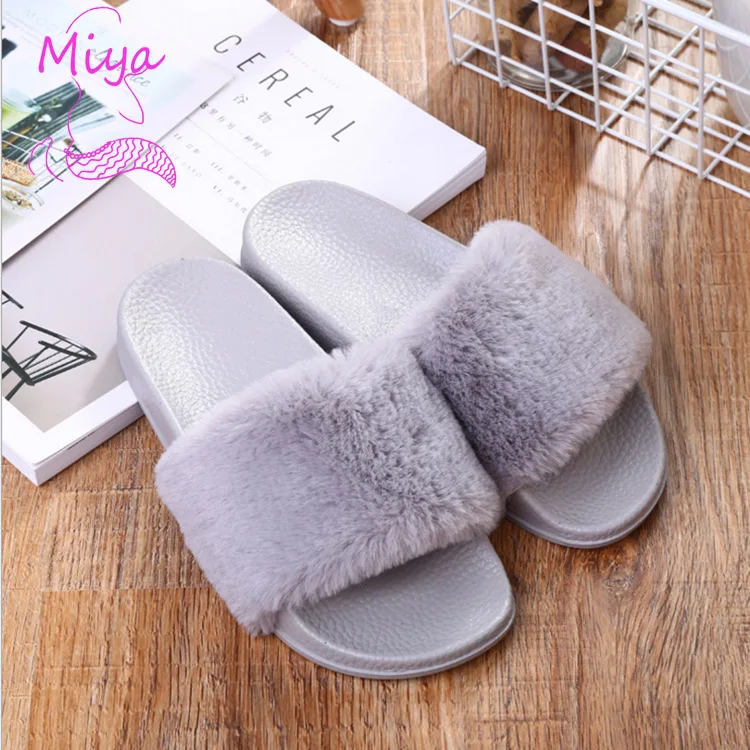 FR-2024 Latest fall winter Furry Slipper for Women Candy Colors Pompom Fur Upper Opern Toe EVA Sole Casual Home Flat Fur Slipper