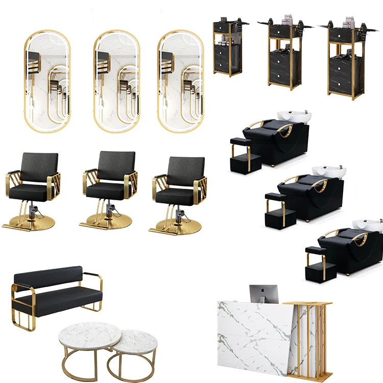 Black And Gold Barber Shop Equipment Fashion New Design Salon Station Set Beauty Customize Salon Furniture Set