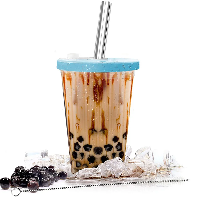 Custom 16oz 12mm Straw Milk Tea Boba Tumbler Box Kit Reusable Plastic Reusable Tea Boba Cups With Lid