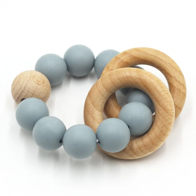 baby teether wood BPA free non toxic silicone beads wooden teething ring baby rattle teether