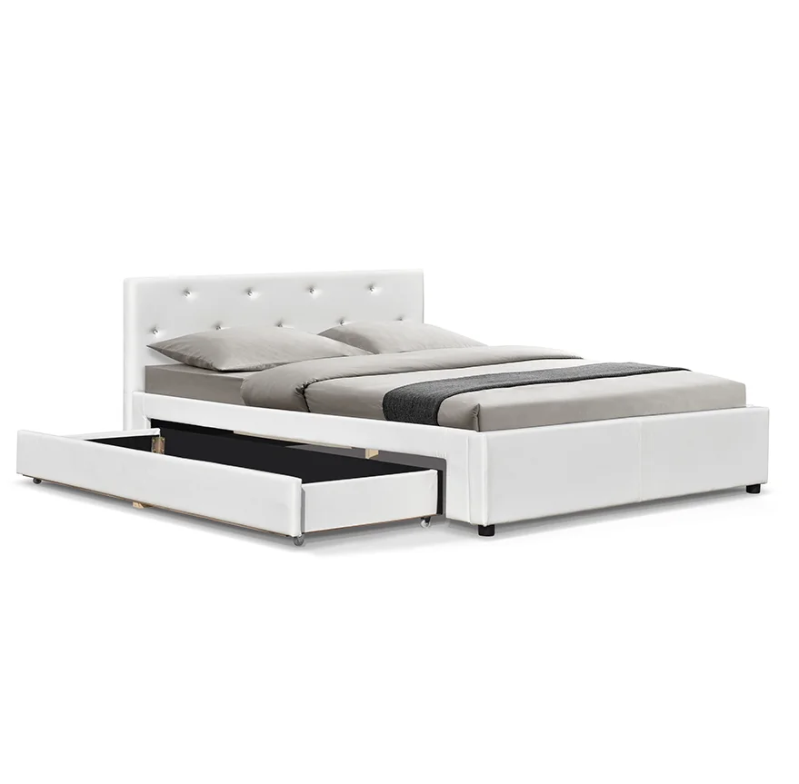 Factory Wholesale Customized Queen Size  White Faux Leather Crystal Embedded Upholstered Platform Bed with Storage Drawers