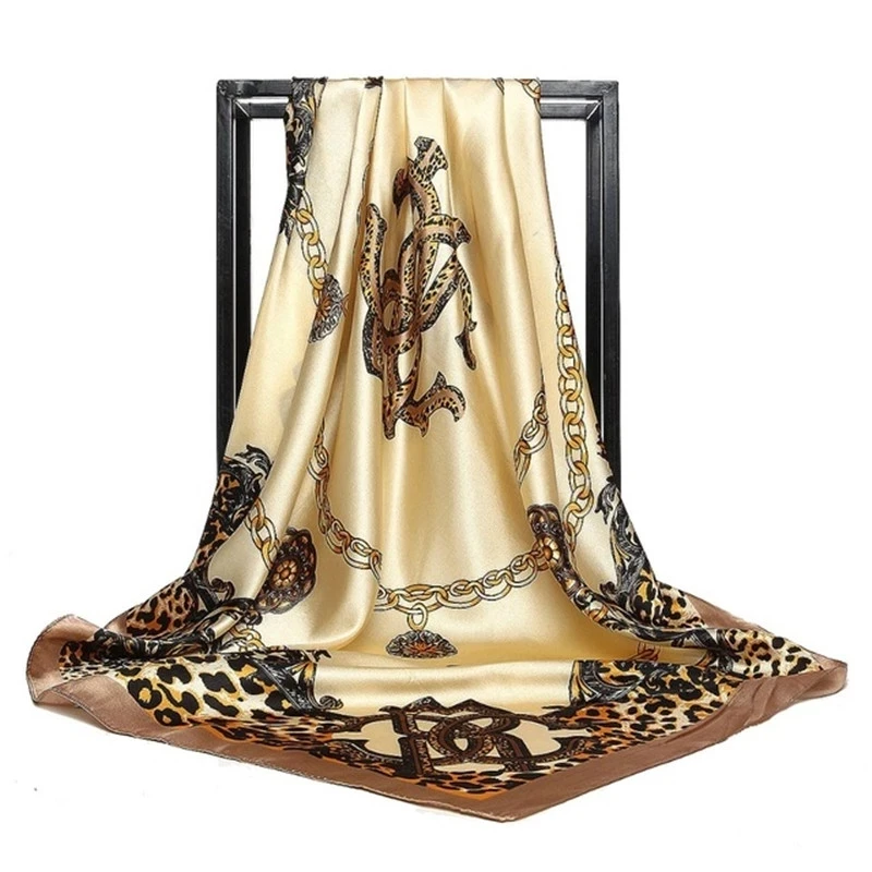 Шелковый шарф для женщин, модный квадратный головной платок 90*90 см с леопардовым принтом, роскошные брендовые шали, женский платок, атласный хиджаб, шарф
