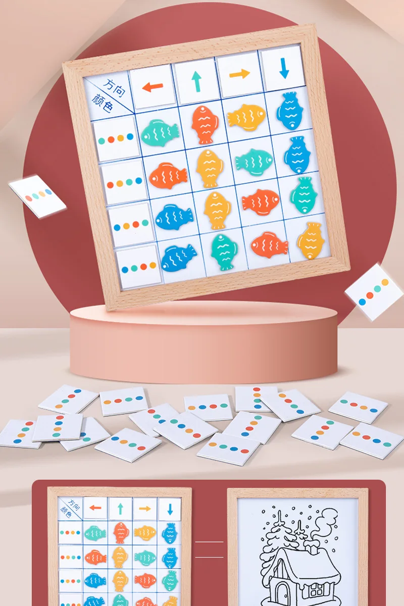 Hot Sales Montessori Children Wooden  Magnetic Fish Color Arrow Matching Board Preschool Education Magnet Drawing Toys For Kids