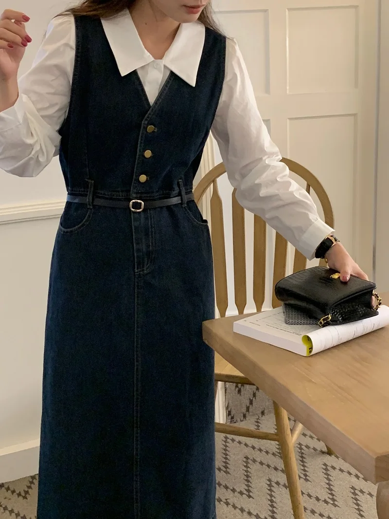 Droma Korean simple loose white shirt+washed denim V-neck single-breasted waist skirt jean two piece set for women