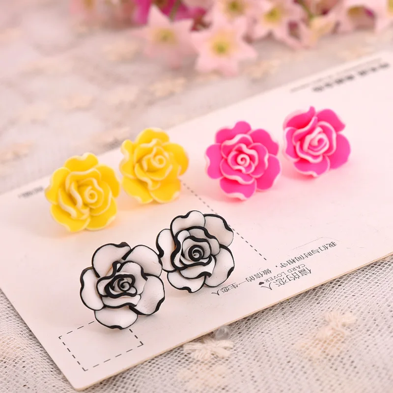 Korean Style Women Multi-layer Rose Flower Stud Earring Handmade Polymer Clay Earrings