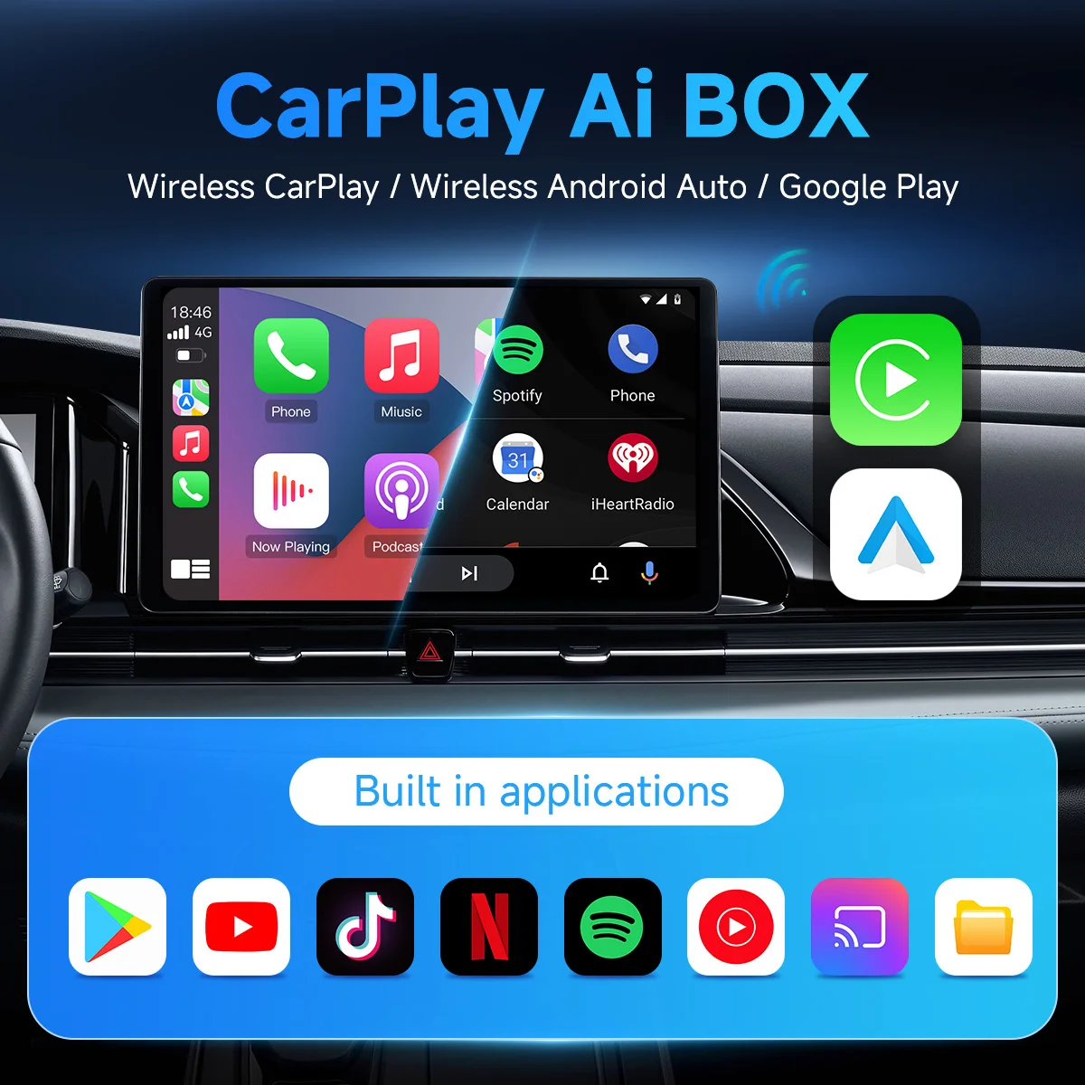 2024 the Magic Box Wireless CarPlay Android AUTO Multimedia Video Box 4G Cellular,QCM6125,8 core Android 13,Built-in Navigation