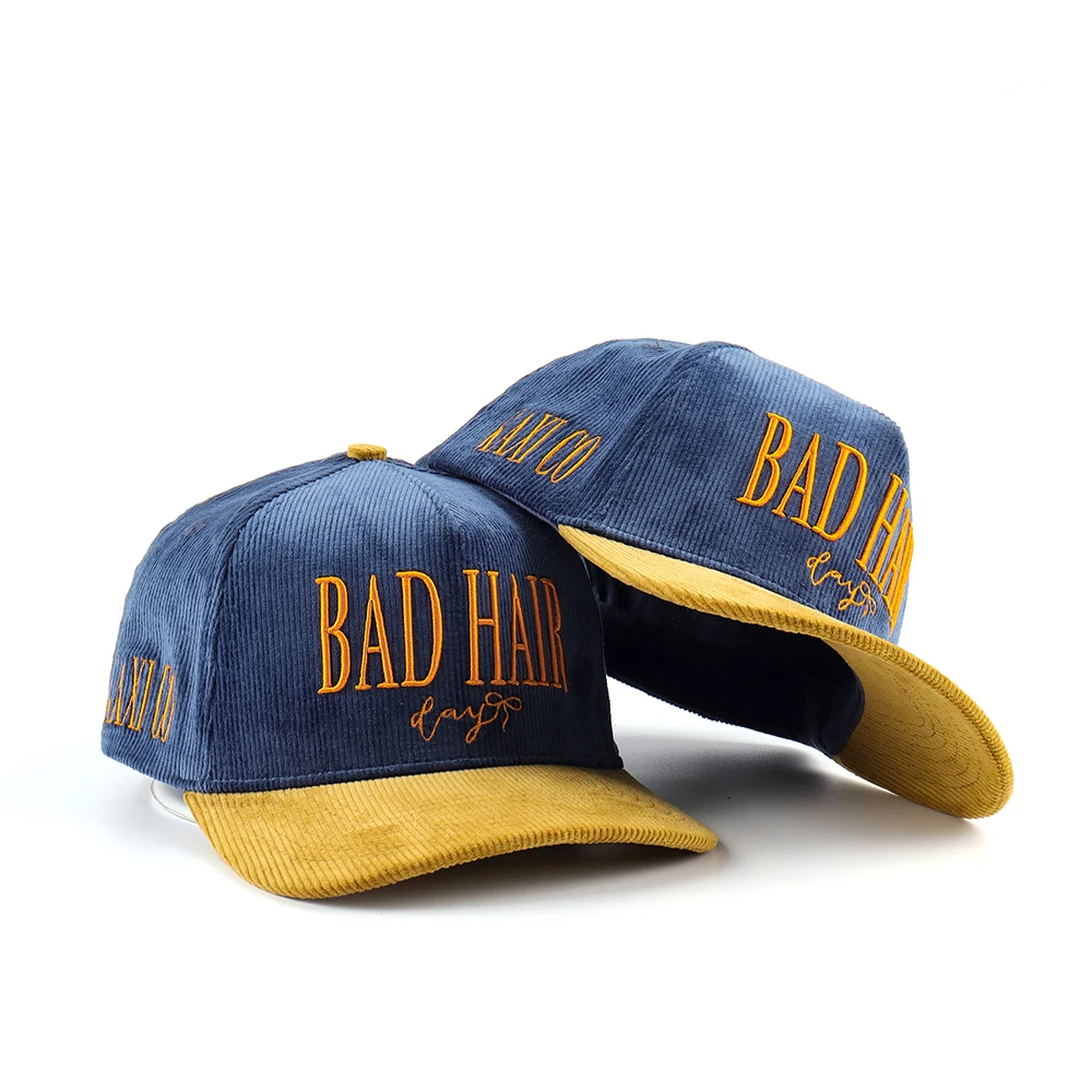 5 Panel Corduroy Baseball Cap Custom Gold 3d puff embroidery logo Adjustable Strap Two Tone Gorras Corduroy Dad Hat