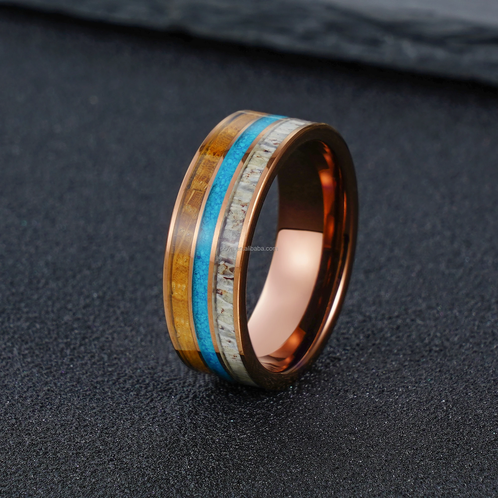 Triple Channels Blue Opla Whiskey Wood Antler Inlaid Coffee Bronze Plated Tungsten Ring