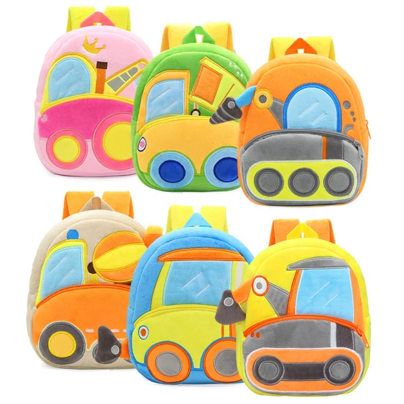 Custom 15 Styles Cartoon Truck Plush Backpacks Mini Plush School Bags Excavator Lorry Crane Road Roller Kids Bags for Boys