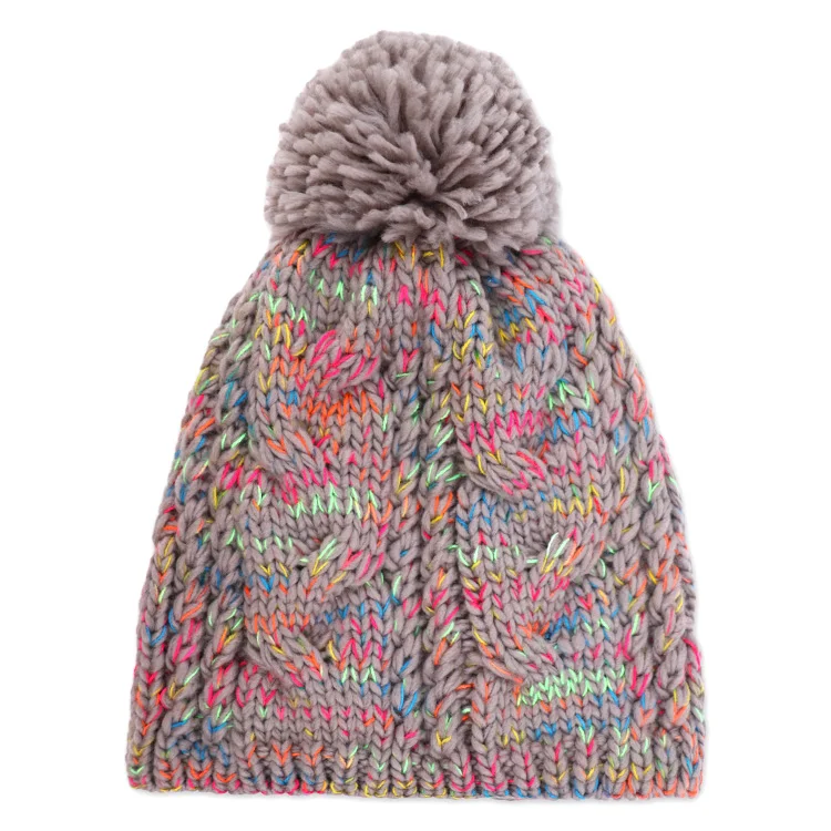 winter warm thick women beanie hat confetti flecked mix color yarn acrylic custom cable knit beanies with pom pom