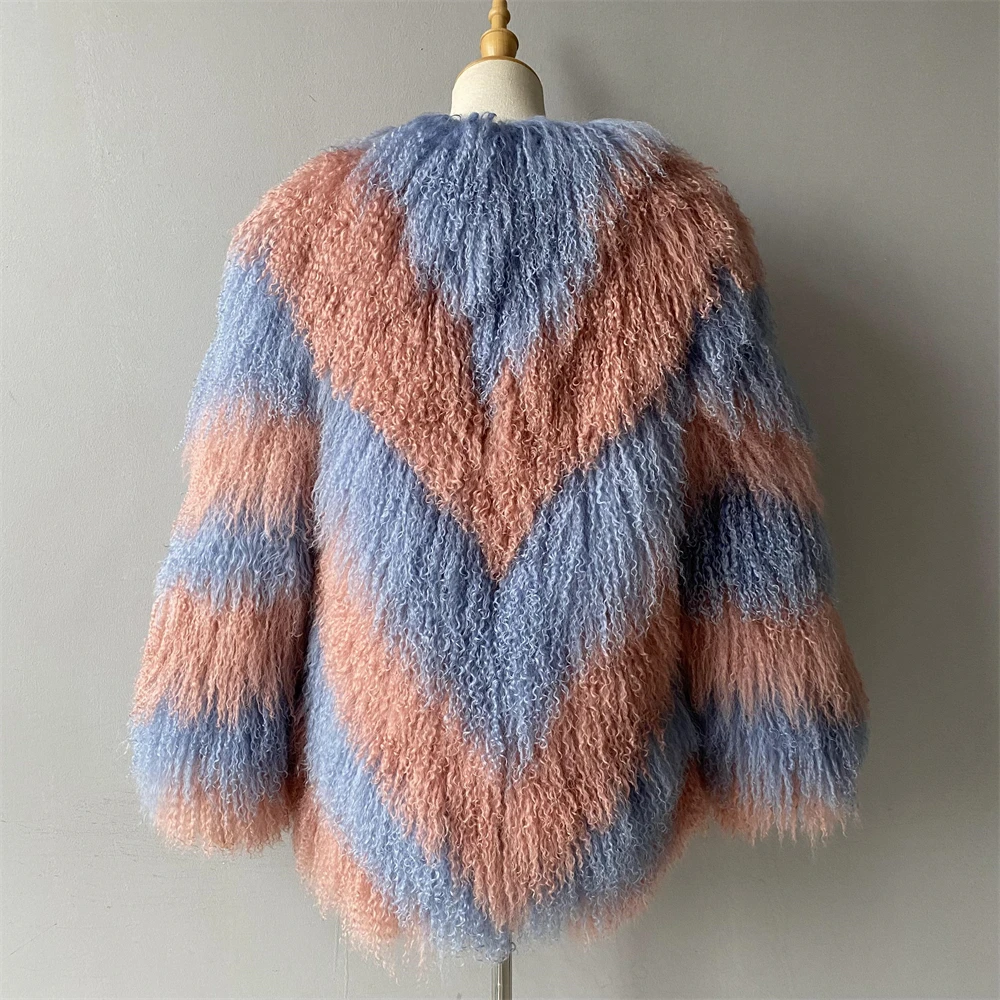 Wholesale Soft Elegant Custom Logo Winter Overcoat Fluffy Thick Warm Luxury Long Real Mongolian Lamb Sheep Skin Fur Coat Women