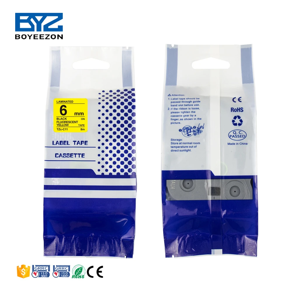 OEM Fluorescent Label Tapes Black on Yellow 6mm Typewriter Ribbon TZe-C11 Compatible with Brother Label Printer