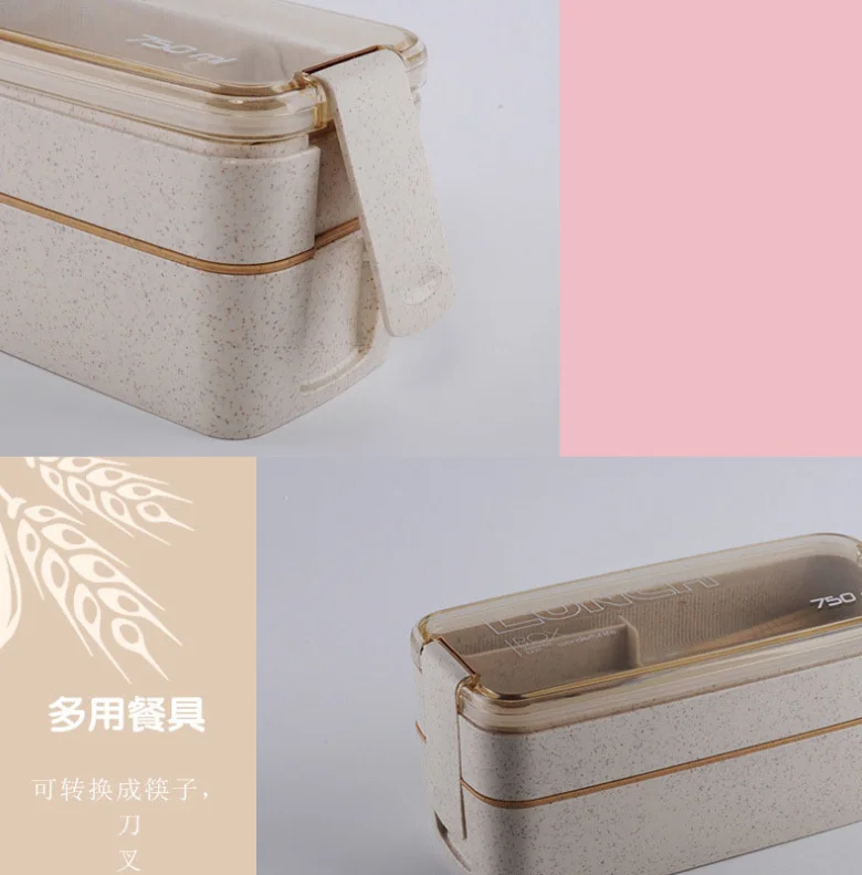 Microwave Safe Biodegradable compartments double layer wheat straw wheat fiber lunch box with cutlery
